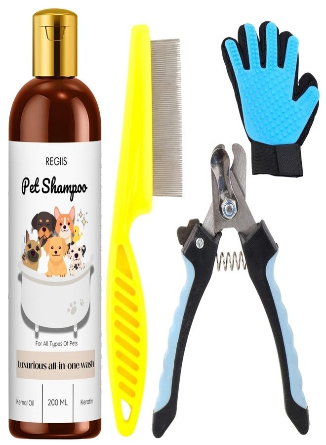 مجموعة ريجيس للعناية بالحيوانات الأليفة، مجموعة من 4 قطع تشمل شامبو للكلاب، وقفاز للعناية، ومقص أظافر، ومشط للبراغيث لجميع أنواع الحيوانات الأليفة، 200 مل - Image 1